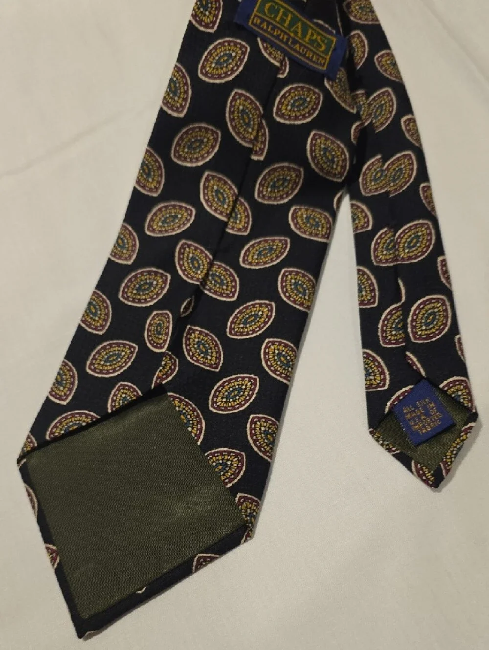 Ralph Lauren Vintage Silk Navy Tie with Gold and Red Medallion Motif